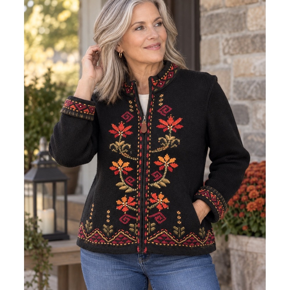 Nomadic Traders Wool Blend Jacket S Black Embroidered Floral Boho Full Zip